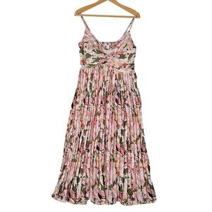 Women's Beyond Words Green Pink Floral Pleated Sleeveless Long Dress - Size XL